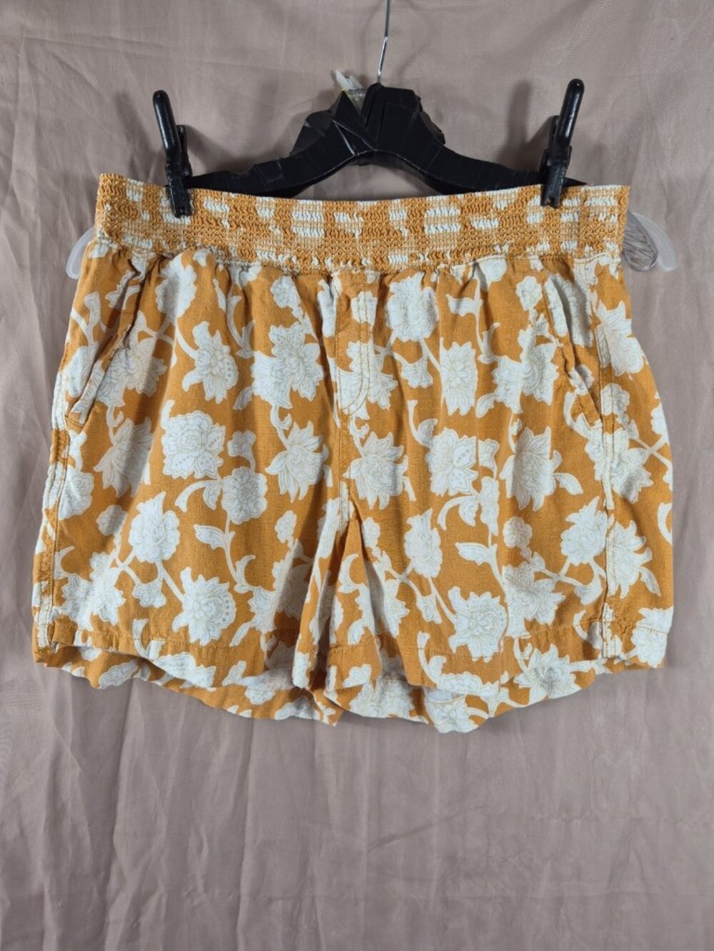 Briggs Women's Orange Hawaiian Floral Smocked Waistband Linen Shorts Size XL